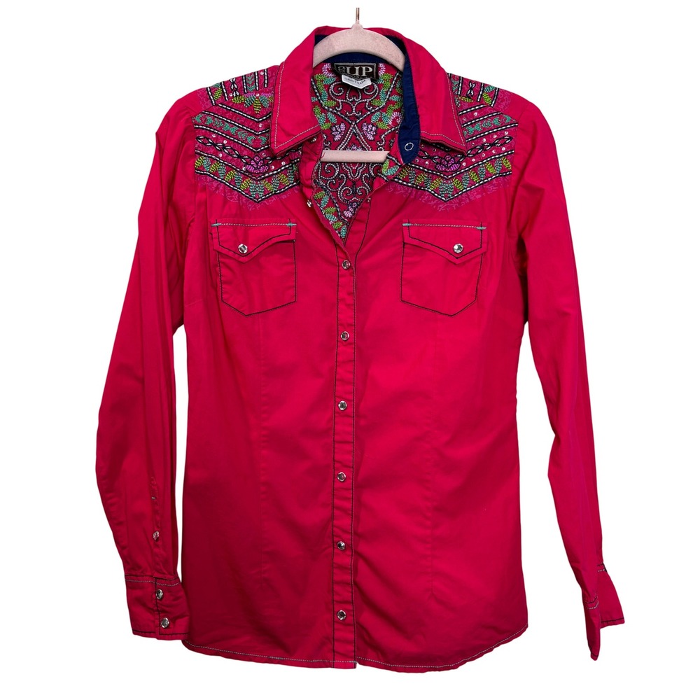 Cowgirl Up Embroidered‎ Western Rodeo Pearl Snap Shirt Pink Bling Gems Women's S